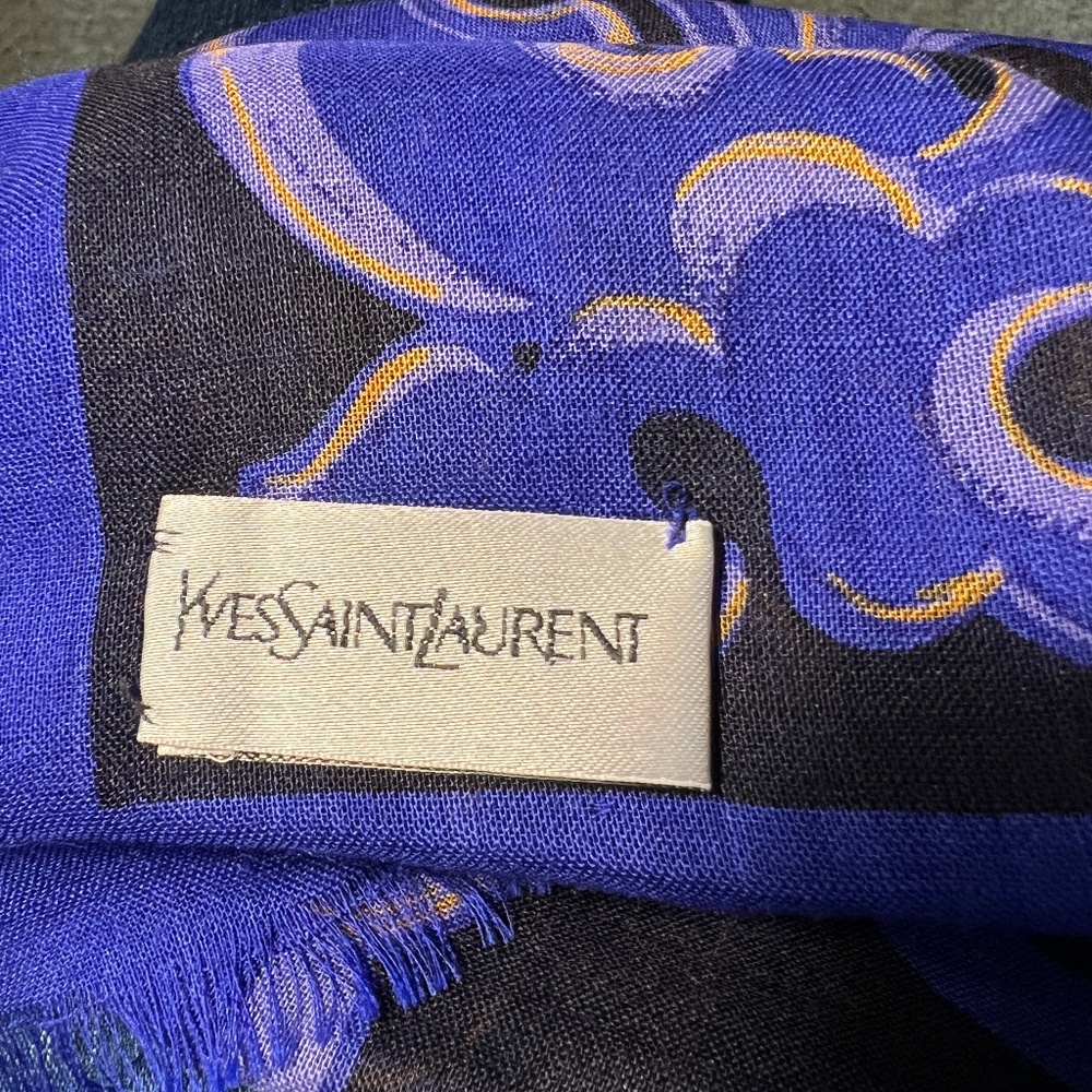 YVES SAINT LAURENT YSL Large Square Scarf Blue Black Fringe Made Italy Silk Wool - Picture 5 of 5